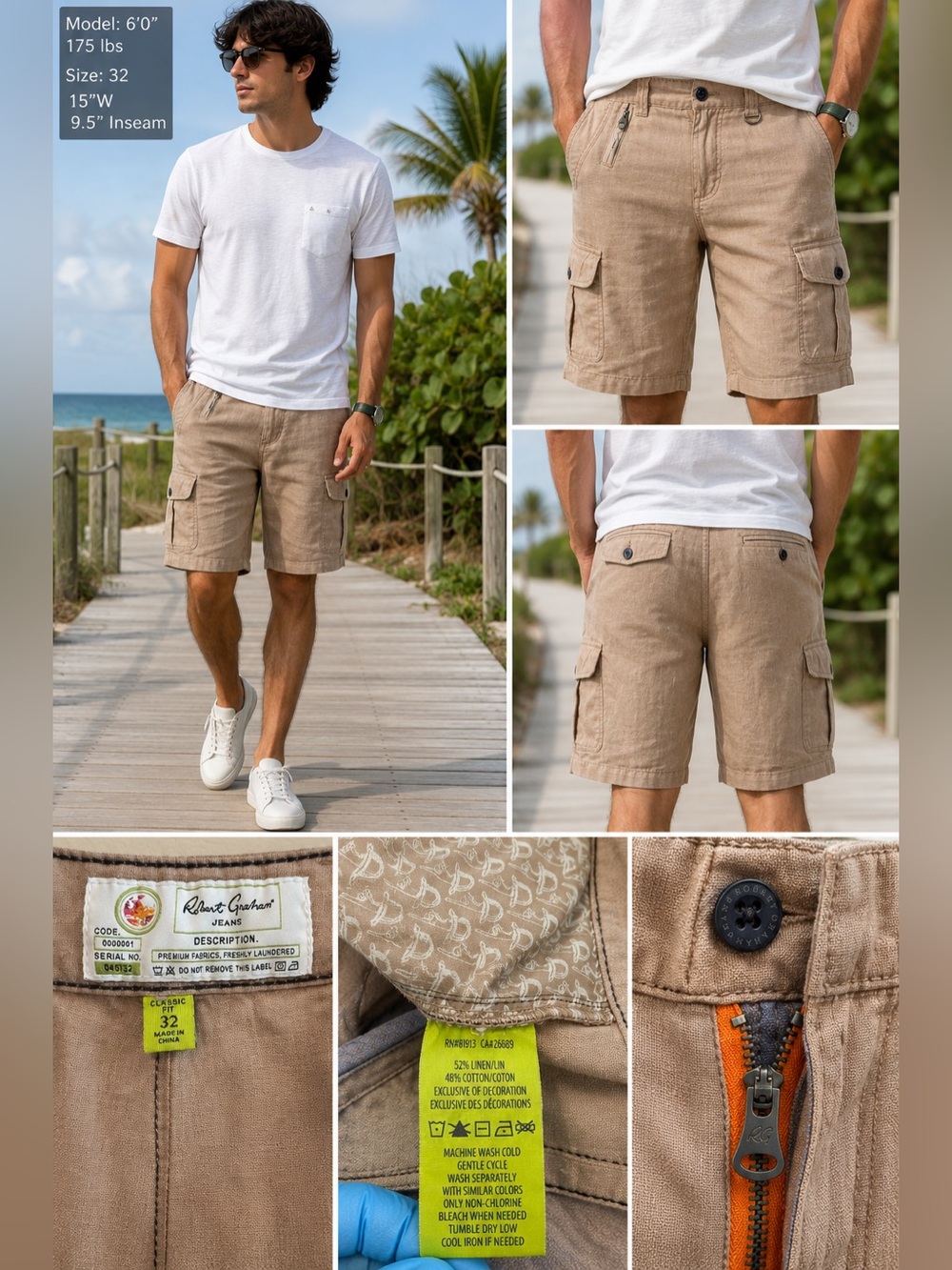 Robert Graham Linen Blend Cargo Short Men’s Size 32 Beige